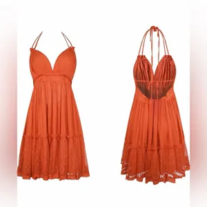 Halter Babydoll Mini Dress Boho Mesh Swiss Dot Hem Small Red Orange thumbnail 8