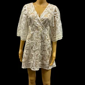 Lulus Celebration Hour Cream Lace Sequin Embroidered Zip Back Mini Dress Medium thumbnail 6