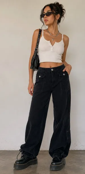 Moda International Vintage Black Corduroy‎ Wide Leg Baggy Adj. Cinch Ankle Pants thumbnail 1