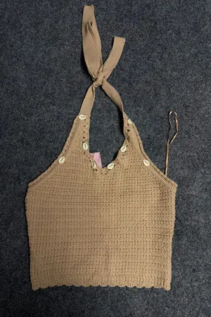 Sincerely Jules Tan Knitted Halter Tank Top with Shell Accent thumbnail 1