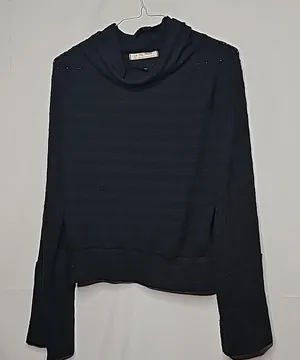 Free People raw hem cowl neck long sleeve knitted black pull over sweater sz M thumbnail 1