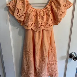 Eyelet Off Shoulder Dress Ruffle Sleeves Summer Casual Peach Mini thumbnail 1