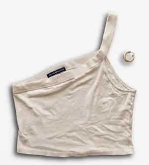 Brandy Melville Womens One Shoulder Crop Top Beige‎ Ribbed Asymmetrical Tank OS thumbnail 1