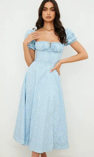House Of CB 'Tallulah' Blue Ivory Floral Puff Sleeve Midi Dress. Size Medium thumbnail 13