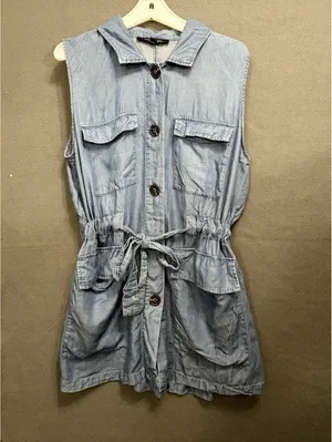 Women’s Blue Denim Shirt Dress Sleeveless Collared Button Drawstring Pockets L thumbnail 3