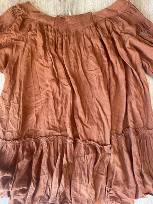 Free People Bea Mini Dress Rust Brown Boho Smocked Tiered Peasant XS thumbnail 7