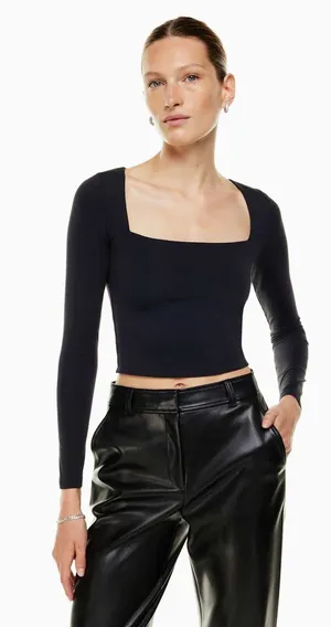 Aritzia Babaton Contour Long Sleeve Square Neck Crop Top Black XS Stretch thumbnail 1