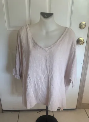 Large Favlux light beige oversized V-neck short dolman sleeve blouse thumbnail 1