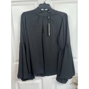 T Tahari Blouse Womens Size M Black Mock Neck Keyhole Large Bell Sleeve Chic thumbnail 2