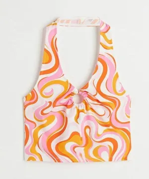 H&M Pink Orange White Patterned Retro Halter Crop Top thumbnail 1