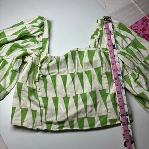 Anthropologie Maison d’Amé Paris Green White Geometric Puff Sleeve Crop Top L thumbnail 5