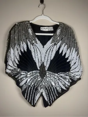Scala Vintage 80s Black + Silver Flower Blouse Top Glam Sequin Beaded Silk thumbnail 2