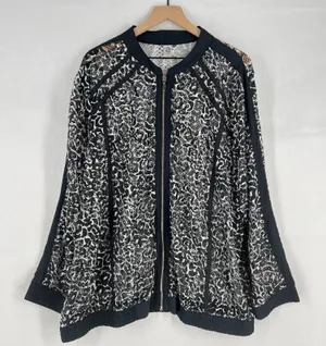Avenue Sheer Bomber Jacket Womens 26/28 (3X) Black White Leopard Print Full Zip thumbnail 1