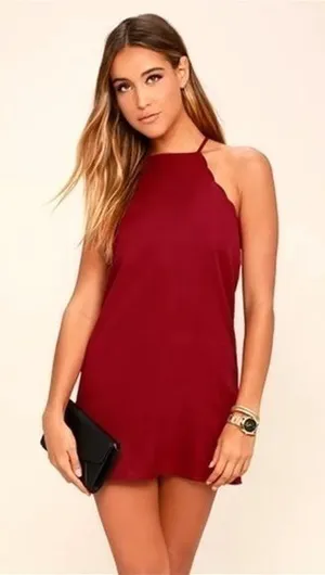 Lulu’s Endlessly Endearing scalloped halter dress in Wine thumbnail 1