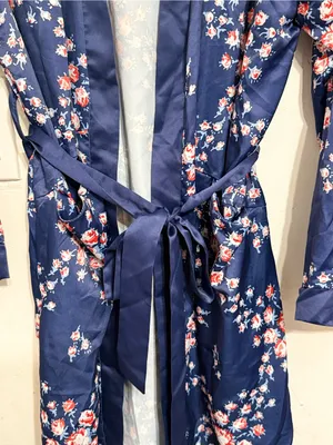 Morgan Lane Navy Blue Floral Satin Robe with Pink Blossoms thumbnail 3
