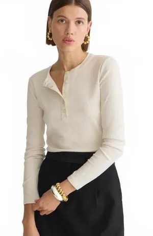 J.Crew Vintage Rib Henley T-Shirt Long-Sleeve Natural Cream Women's Size 2XL XXL thumbnail 1