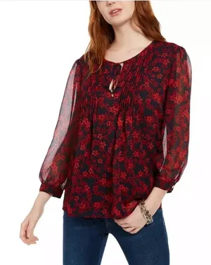 Tommy Hilfiger Pintucked Tie 3/4 Sleeve Floral Top v6x thumbnail 1