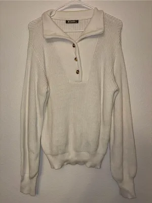 BTFBM Women Cream Knit Button Collar Pullover Sweater Size Medium thumbnail 1