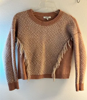 Madewell Fringe Chevron Knit Crewneck Sweater Clay Pink XXS wool thumbnail 1
