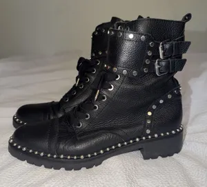 Sam Edelman Jennifer Studded Combat Boots Zip Up Laces Black Leather Women's 8 thumbnail 1