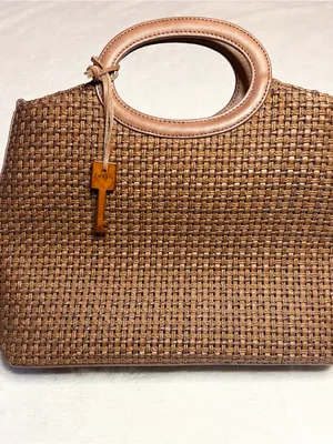 Vintage Fossil Brown Woven Tote Bag with Leather Trim & Logo Key Charm thumbnail 9