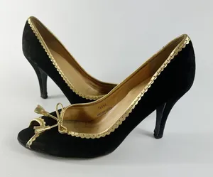 J. Crew Vintage Isabella Black Suede Gold Trim Peep Toe Heels Shoes Women 8.5 thumbnail 1