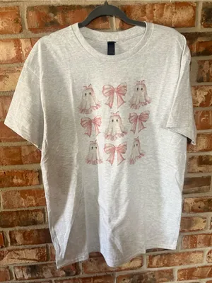 Gildan Ash Gray Tee with Pink Ghost & Bow Print thumbnail 1