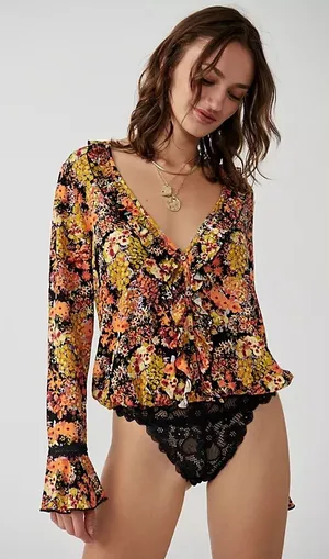 Free People Heat Wave Floral Lace Bodysuit Midnight Combo Size Small NWT thumbnail 1
