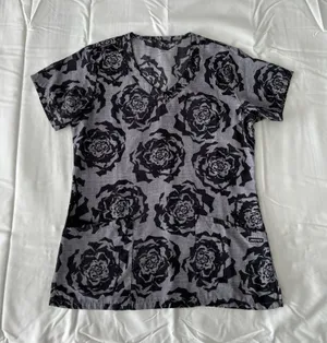 Grey And Black Rose Print Scrub Top Gray Size XS thumbnail 1