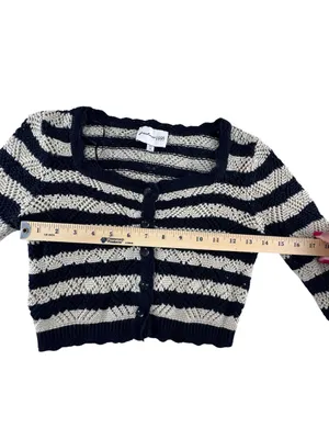 Striped Cropped Button-Front Cardigan in Black and Cream thumbnail 5