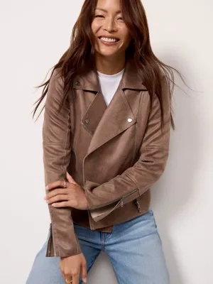 EVEREVE Marren Moto Jacket Faux Suede Biker Asymmetrical Zip Taupe Womens S thumbnail 7