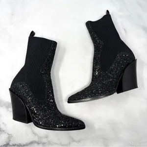 Jimmy Choo Mele Glitter 85 Chelsea Stretch Knit Block Heel Ankle Boots Black 36 thumbnail 3
