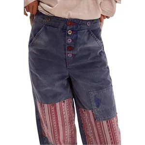 RARE Free‎ People La Vie Patched Patchwork Studded Blue Pants / Jeans Boho 4 S thumbnail 3