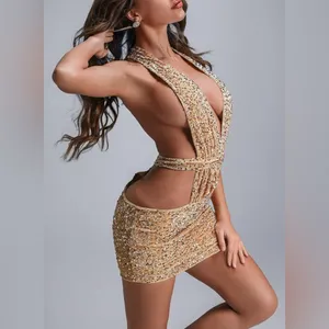 Knowles Gold Sequin Bodycon Dress‎ Plunge Neckline thumbnail 2