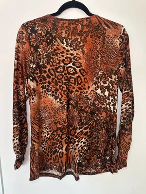 Rafaella V-Neck Blouse Size M Brown Animal Print Beaded Center thumbnail 5
