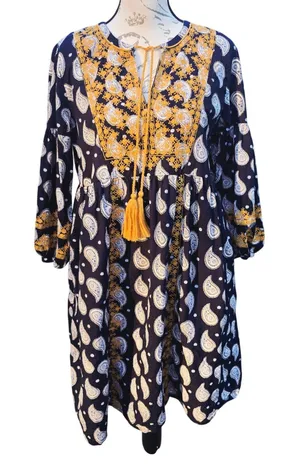 Roller Rabbit Navy Paisley Embroidered Cotton Tunic Dress‎ Yellow Tassels Medium thumbnail 1