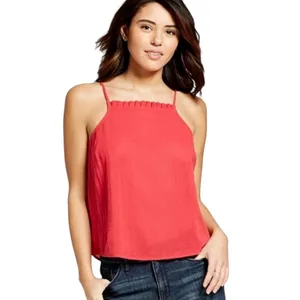 Universal Threads Red Cotton Ruffle Trim Square Neckline Spaghetti Strap Tank S thumbnail 2