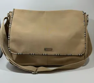 Burberry Fragrance Messenger Bag Tan Beige Plaid Trim Crossbody Adjustable thumbnail 1