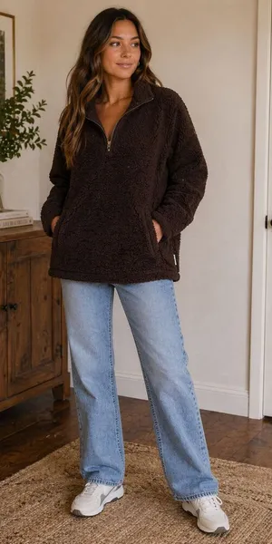 Abercrombie & Fitch Sweater Women's XL Brown Sherpa Quarter Zip Mock Neck thumbnail 1
