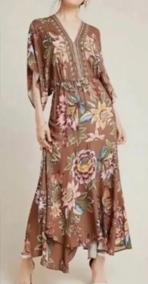 Farm Rio Anthropologie Valentina Brown Floral Maxi Dress In Brown Motif Size XS thumbnail 1