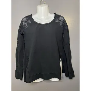 Free People Blouse Womens Small Black Embroidered Scoop Neck Long Sleeve Top thumbnail 2