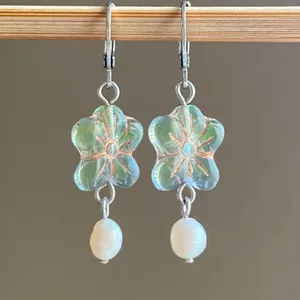 Handmade quality Czech glass flower beads & natural shell pearls dangle earrings🩵💚 thumbnail 2