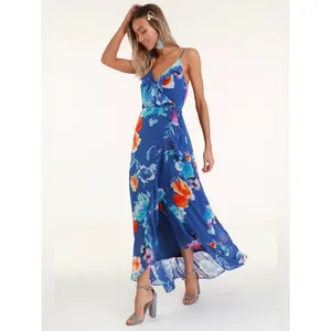 Lulus NWT Women Large Royal Blue Ladean Floral Print Ruffled Wrap Maxi Dress thumbnail 2