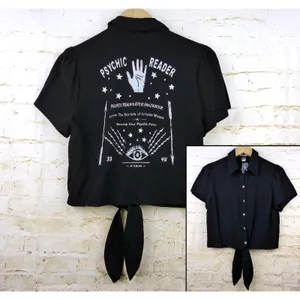 Hot Topic Shirt Women M Black Psychic Reader Tie Front Button Goth Witch Moon thumbnail 2
