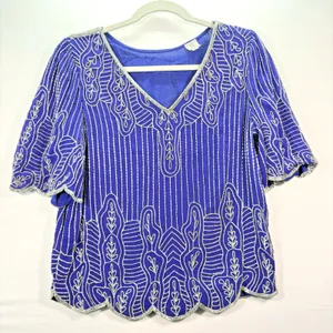 Vintage Royal Blue‎ Silk Beaded Blouse Silver Bugle Bead Scalloped Hem Top Small thumbnail 1