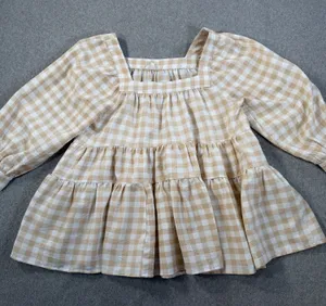 Entro Women's Small Beige White Gingham Square Neck Tiered Babydoll Top Blouse thumbnail 1