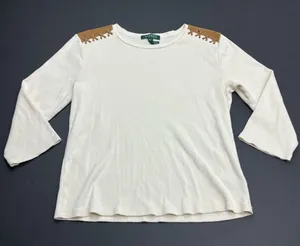 Lauren Ralph‎ Lauren Ribbed Top Cream Brown Faux Suede Patch Medium Western FLAW thumbnail 1