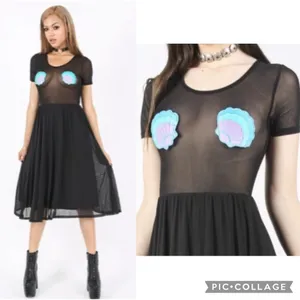 NEW! Iron Fist Mermaid For Life Sheer Black Midi Dress 3X Turquoise Blue Shells thumbnail 5