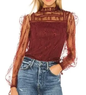 Tularosa Sheer Lace Top M Romantic Victorian Coquette Whimsigoth Ruffle Burgundy thumbnail 1