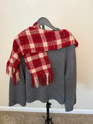 Burberry Red and Cream Checked Fringe Scarf thumbnail 3